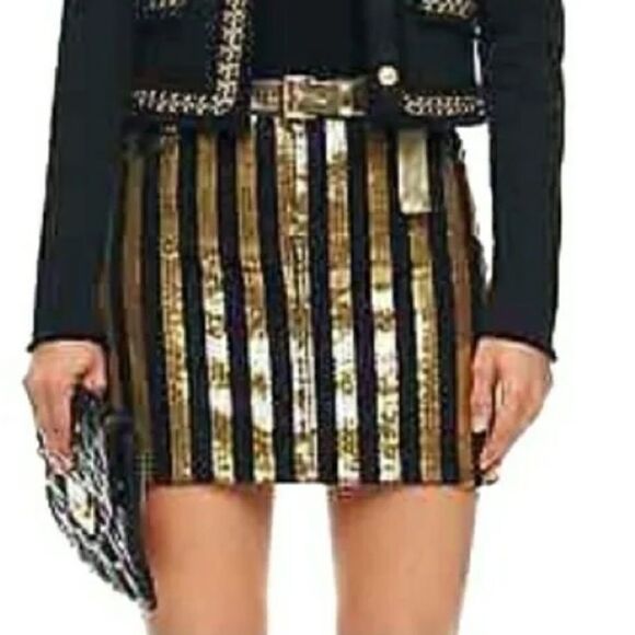 NWT Michael Kors Black Gold Sequin Stripe Denim Mini Skirt Size 4 New - Picture 1 of 8